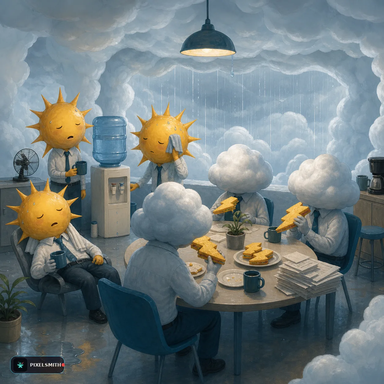 A surreal office break room inside a rain cloud, with exhausted suns cooling off by a water cooler while cloud-headed clerks eat lightning-shaped sandwiches.