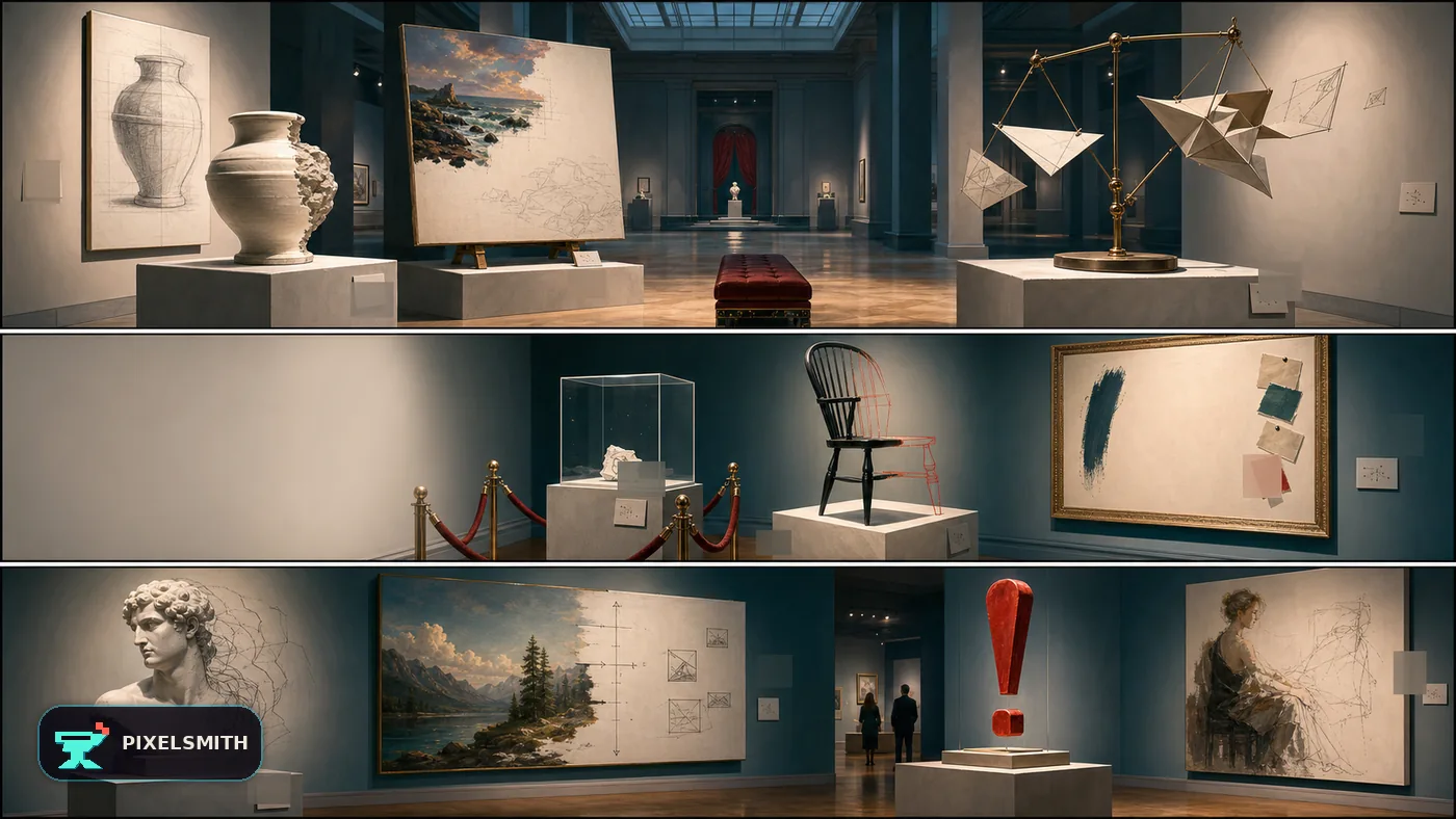 Museum plinths displaying half-rendered studies, wireframe objects, and abandoned creative fragments under spotlights.