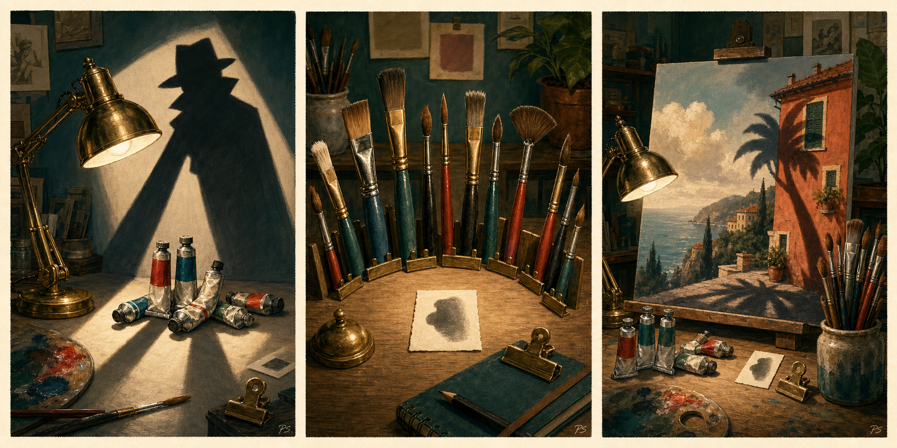 Painterly illustration of paintbrushes and studio objects arranged like a formal committee around a small shadow sample in a warm artist workspace.