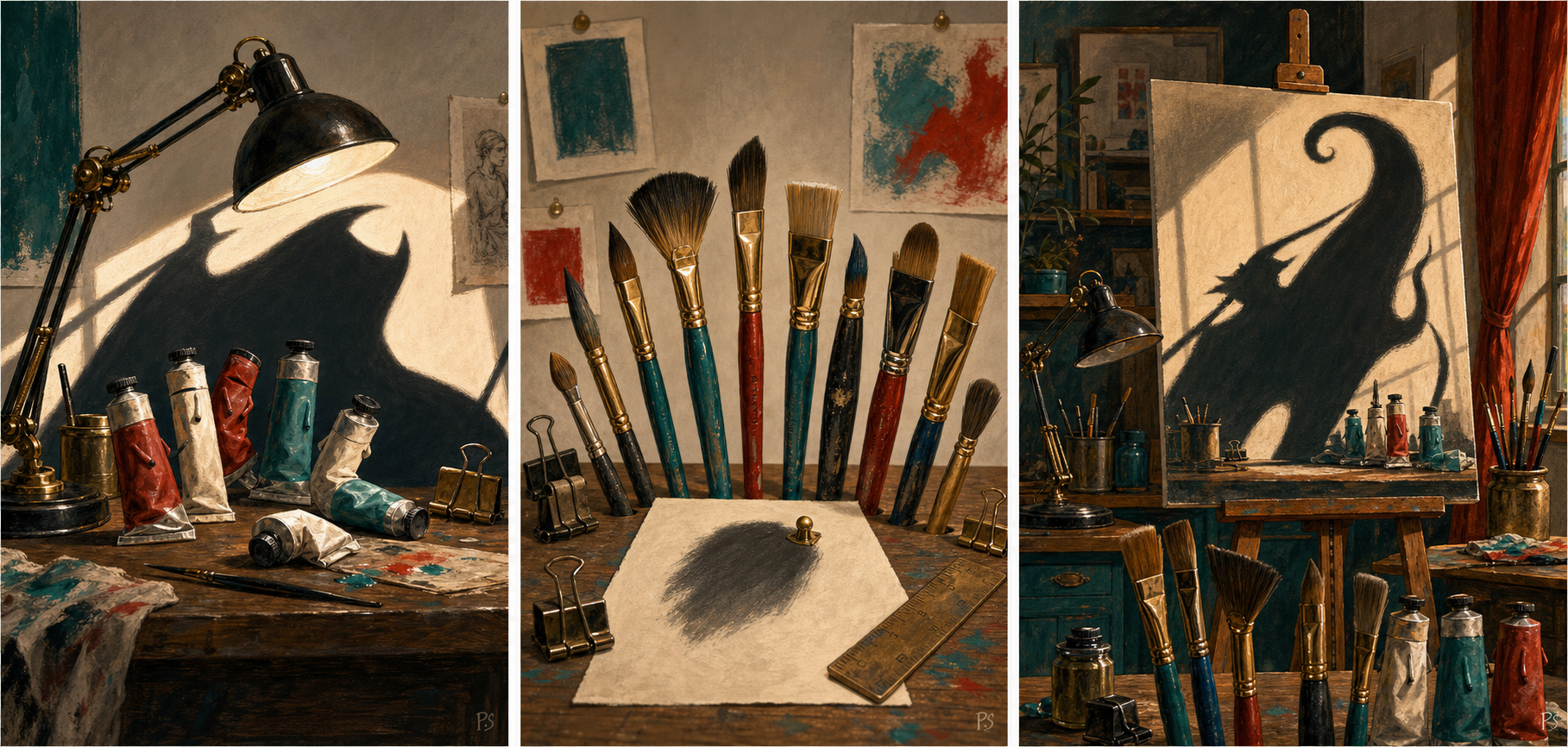 Painterly illustration of an art studio canvas and supplies transformed by a dramatic extra shadow that gives the room comic visual tension.
