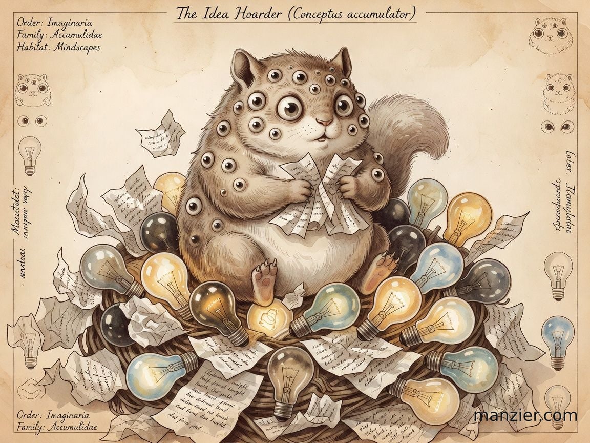 The Idea Hoarder — a rotund squirrel-like creature with many wide eyes, perched on a nest of scribbled notes and glowing lightbulbs