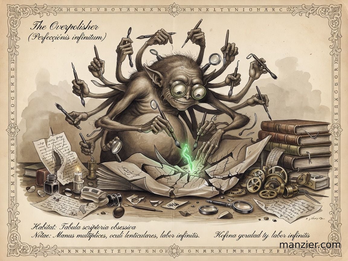 The Overpolisher — a multi-handed cryptid creature with magnifying-glass eyes, hunched over collapsing artwork at a cluttered desk