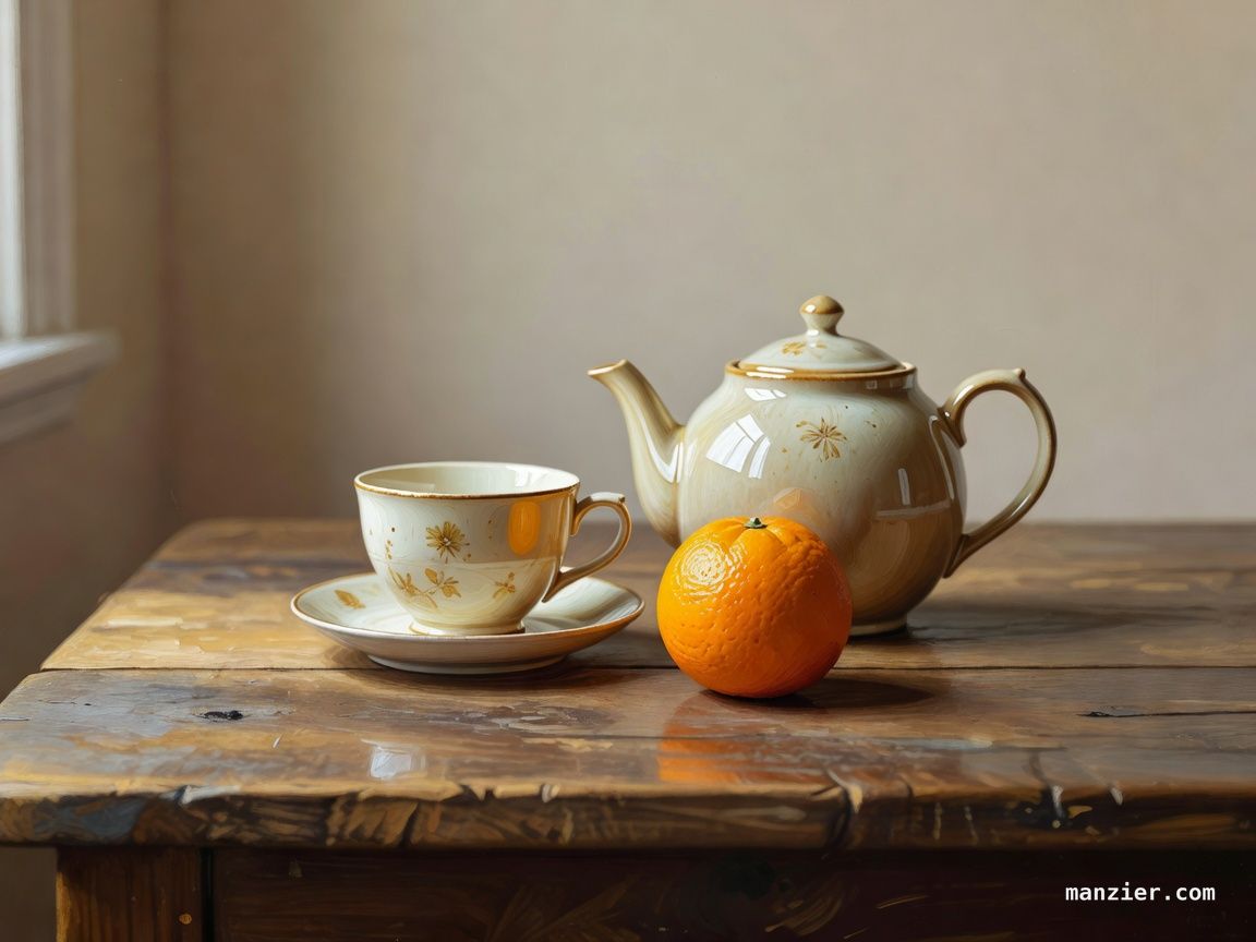 The same teapot, teacup, and orange arranged off-center by a window with a blurred background