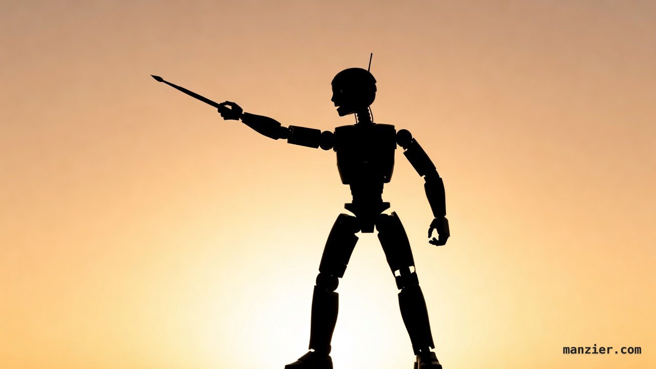 The same small robot artist in a clean pose with one arm extended holding a brush, reading instantly as a sharp black silhouette against a bright sunset sky